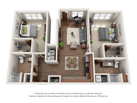 Floor plan for 2 beds, 2 baths, 1242 sqft
